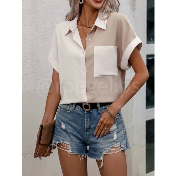 Rolled Up Batwing Sleeves Color Block 2 Tone Button Down Shirt Tan Beige - Picture 3 of 9